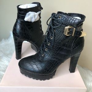 Black croc pattern lace up platform bootie